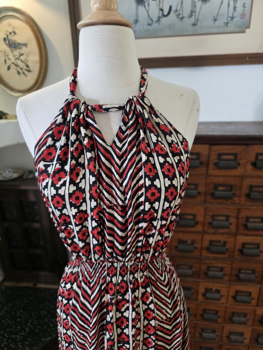 Parker 100% Silk Patterned Red And White Maxi Halter Dress Size Small - Picture 5 of 14
